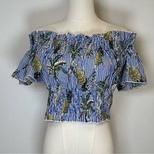 Choosy Off The Shoulder Crop Top Cotton Striped Tropical Print Women’s Size 10
